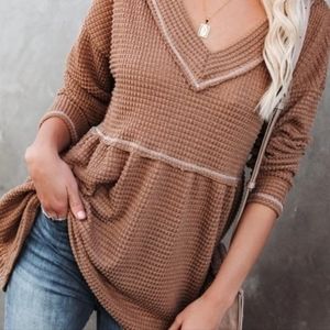 Vici Dolls Beige/Cream Waffle Baby Doll V Neck  Tunic Top by BIBI